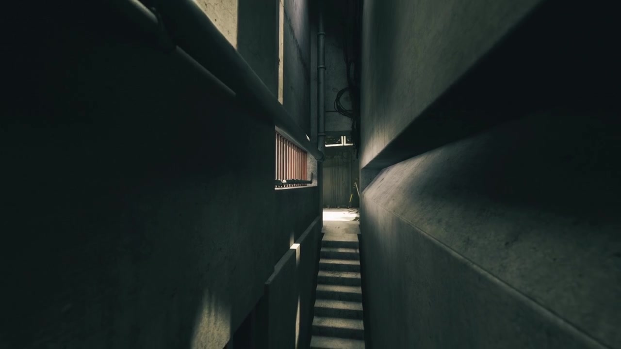 Dark alley with rugged walls shadowy pathway between rough brick walls