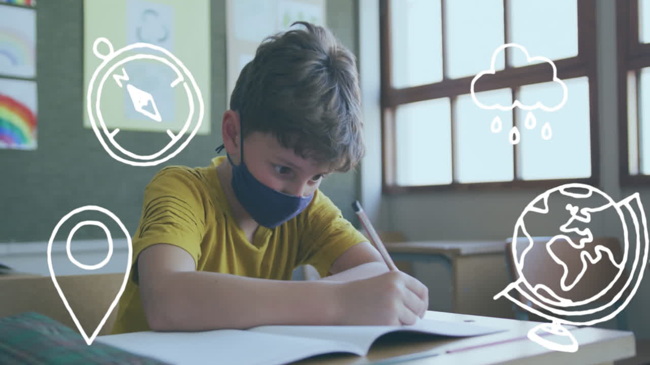 los iconos del concepto de la escuela flotando contra el niño de la escuela que usa una máscara facial estudiando en la escuela