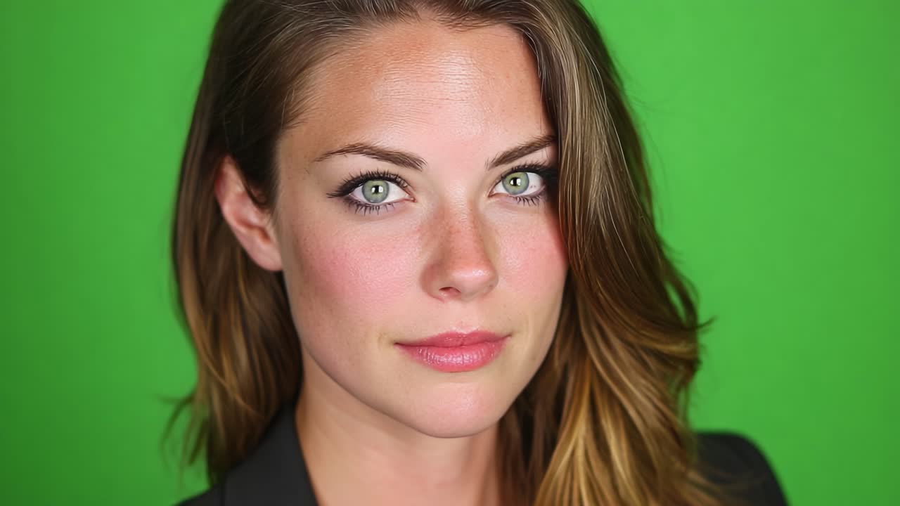 A Captivating Portrait of a Young Woman with Striking Green Eyes Against a Vibrant Green Background, Showcasing Natural Beauty and Confidence