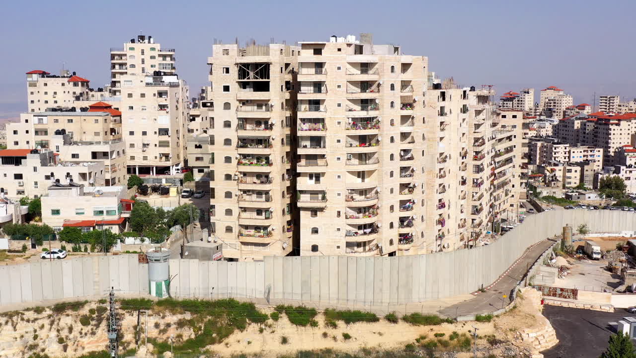 Security wall with Israeli idf watch tower Close to Anata Refugee Camp- Aerial