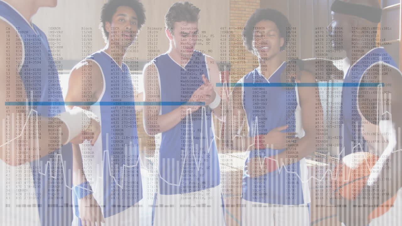 Basketball players in blue jerseys with financial data processing animation overlay