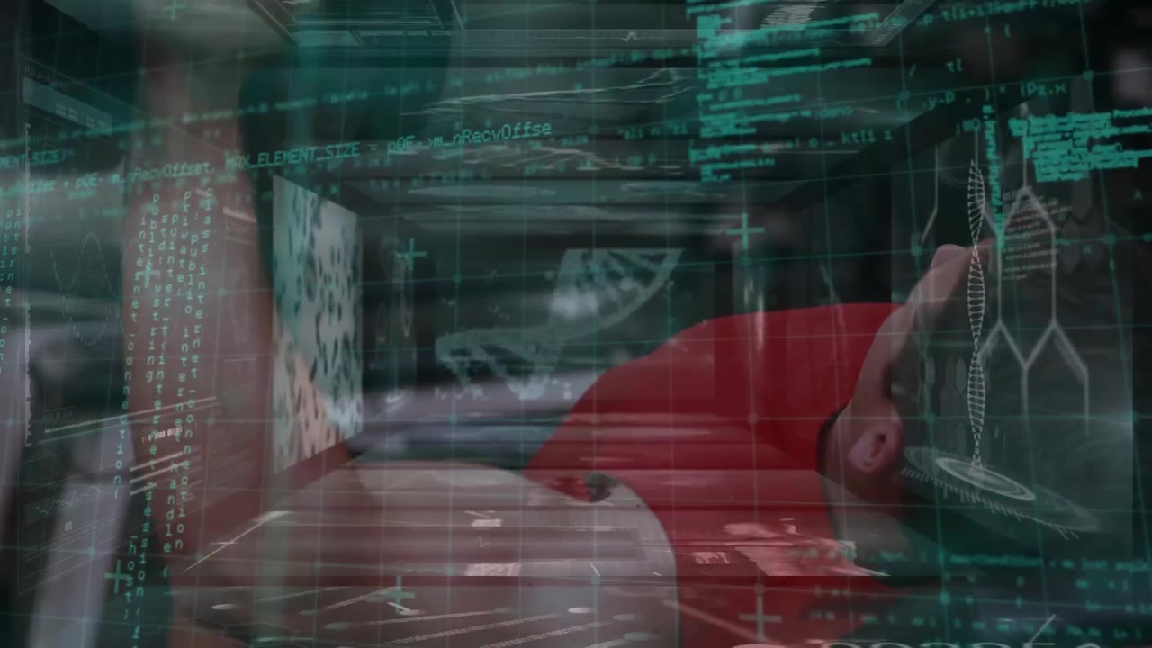 Athlete Lifting Dumbbell with Digital Data Overlay