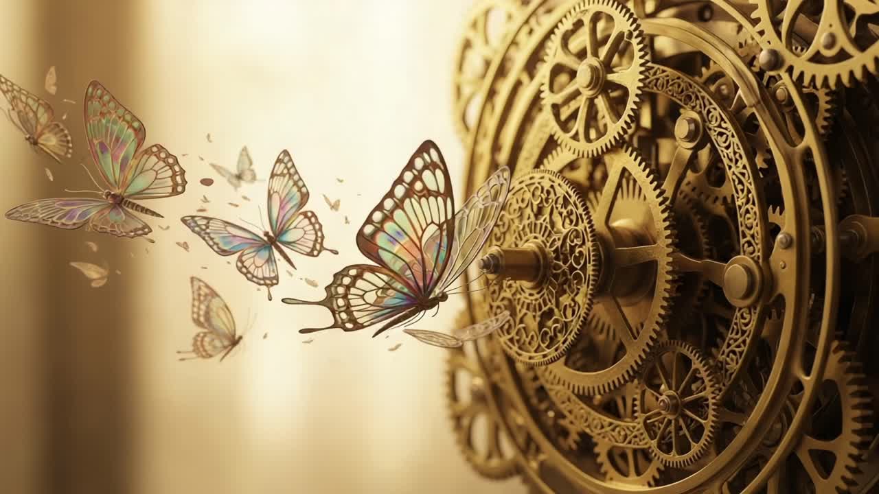 Intricate Clockwork Mechanism Surrounded by Enchanting Butterflies Capturing the Essence of Time, Beauty, and Transformation in a Stunning Visual Display