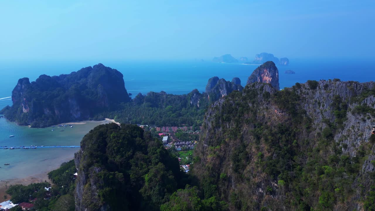view of Railay Beach and Phra Nang Beach from a mountain viewpoint in Krabi, Thailand. Perfect aerial view flight overflight flyover drone