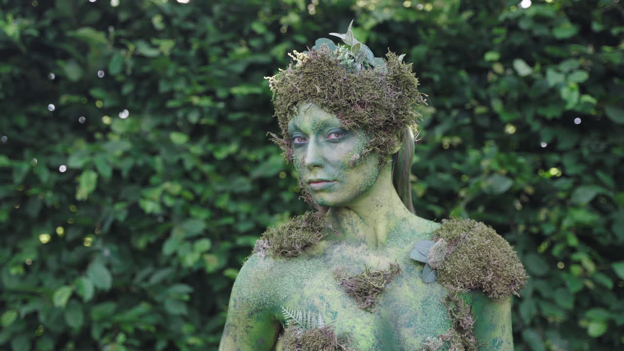 modelo de cuerpo pintado femenino que se ve sensual mientras camina más cerca - de cerca, siguiendo hacia atrás