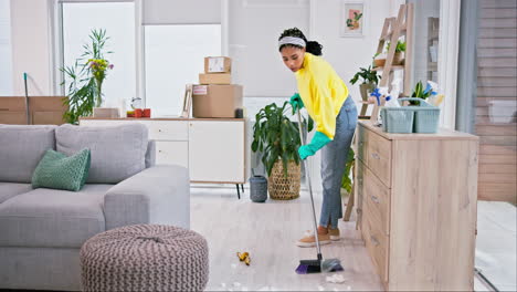 woman, broom and dirt on living room floor