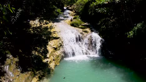 a beautiful waterfall cascades down a cliff into a beautiful turquoise pool below in the middle of a lush green jungle in bohol, philippines.