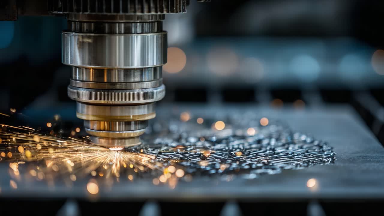 Precision Laser Cutting Process Showcasing Sparks and Detail in Metal Working, Highlighting Industrial Technology and Innovation in Manufacturing Techniques