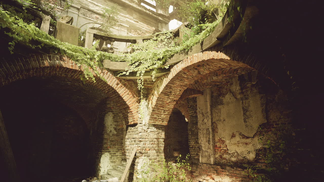 Explore an abandoned structure with intricate brickwork and greenery
