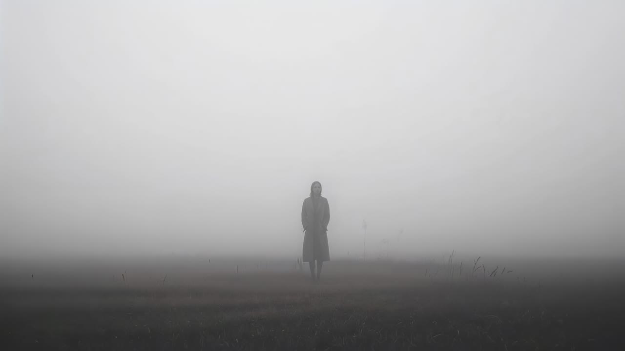 Visibilità offuscata dalla nebbia, persona solitaria immobile in un campo aperto, con un lungo cappotto scuro