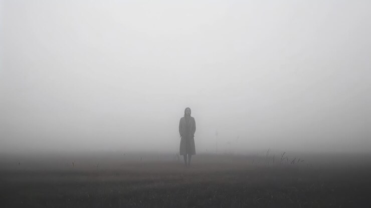 Visibilità offuscata dalla nebbia, persona solitaria immobile in un campo aperto, con un lungo cappotto scuro