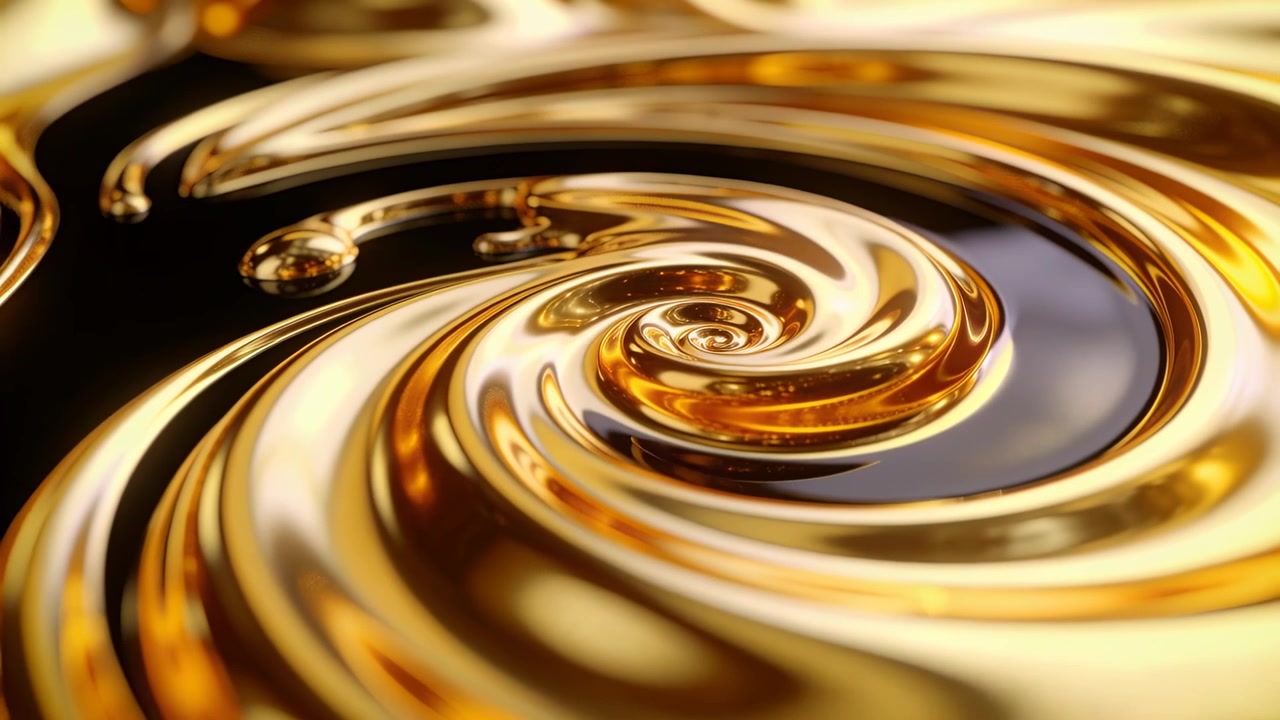 Vortice dorato rotante che si restringe in una vasca da studio macro, partendo da una goccia a forma di lacrima e formando altre gocce.