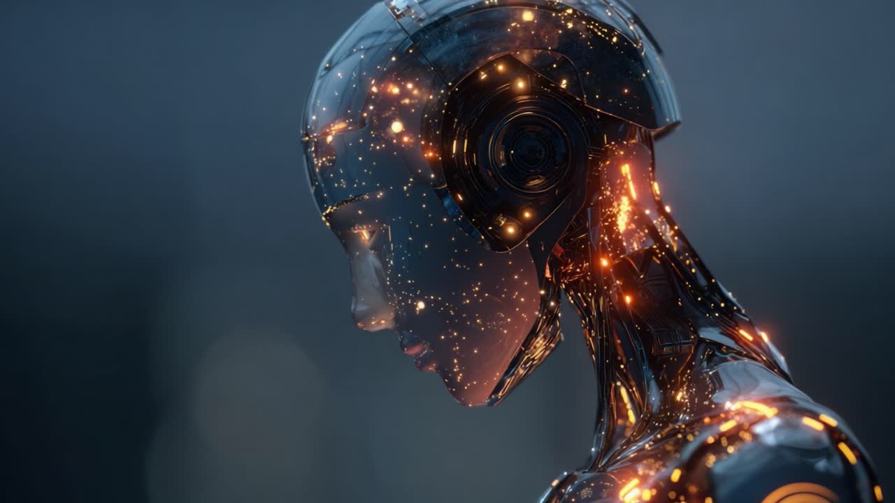 Advanced female robot with an artificial intelligence system thinking as data flows through her glowing neural network, representing the future of machine learning and sentient cyborgs