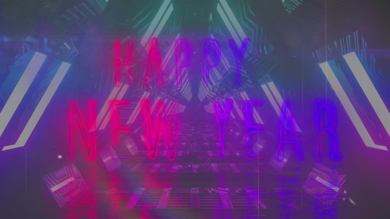 animación del texto de feliz año nuevo sobre líneas de neón sobre fondo negro