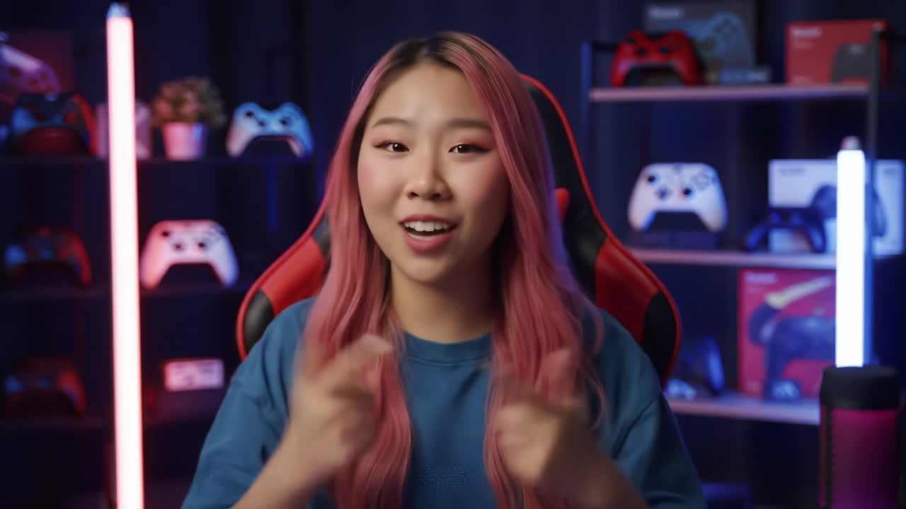 Engaging Content Creator Discusses Gaming Trends and Techniques with Enthusiasm, Highlighting the Latest in Gaming Gear and Accessories in a Vibrant Setting