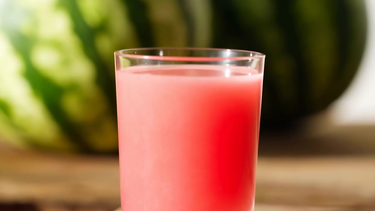 La messa a fuoco della fotocamera si sposta da una bevanda rosa-rossa leggermente sfocata a un bicchiere nitido e chiaro su una superficie di legno rustica, mentre angurie a strisce verdi rimangono leggermente fuori fuoco sullo sfondo