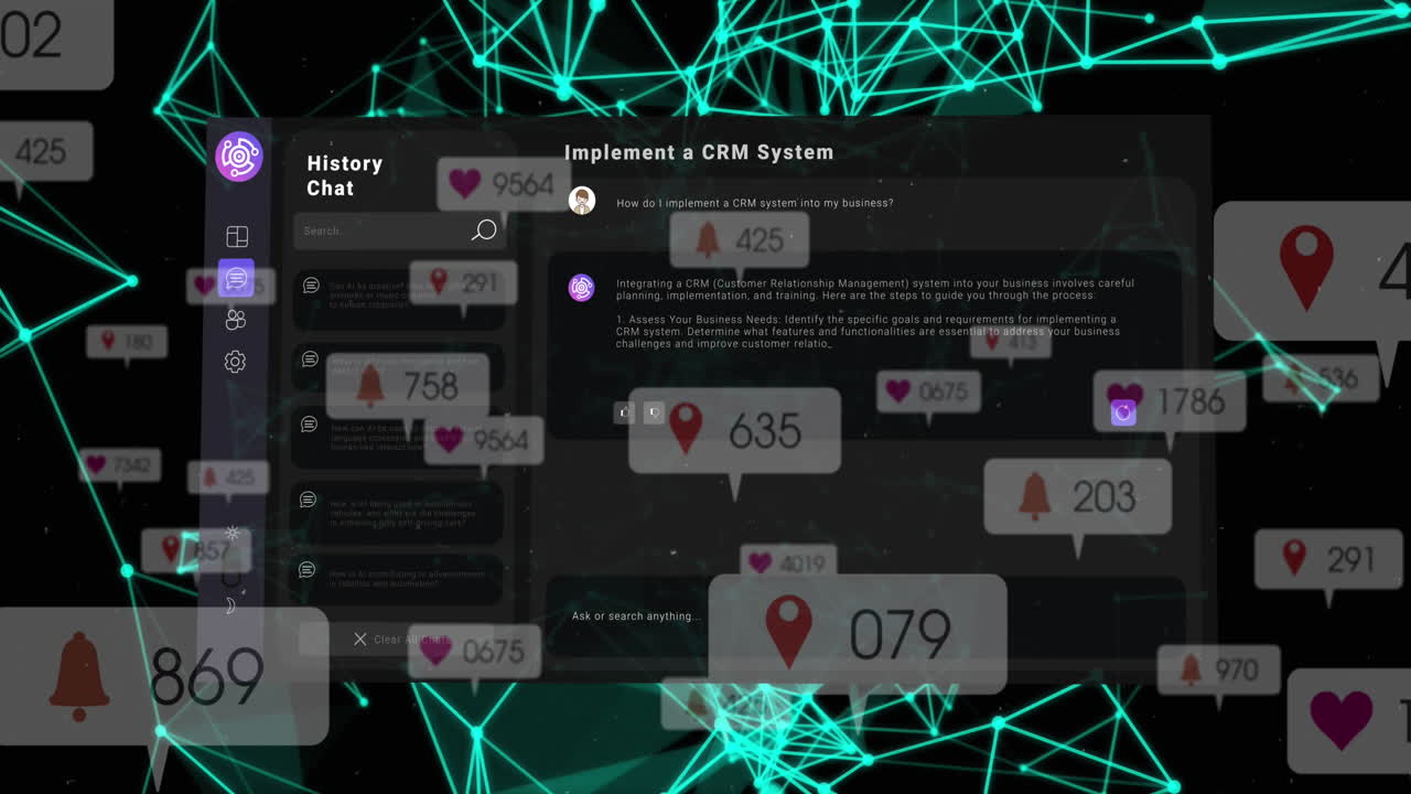 블랙 배경에 미디어 아이콘과 ai 채팅으로 모양의 애니메이션
