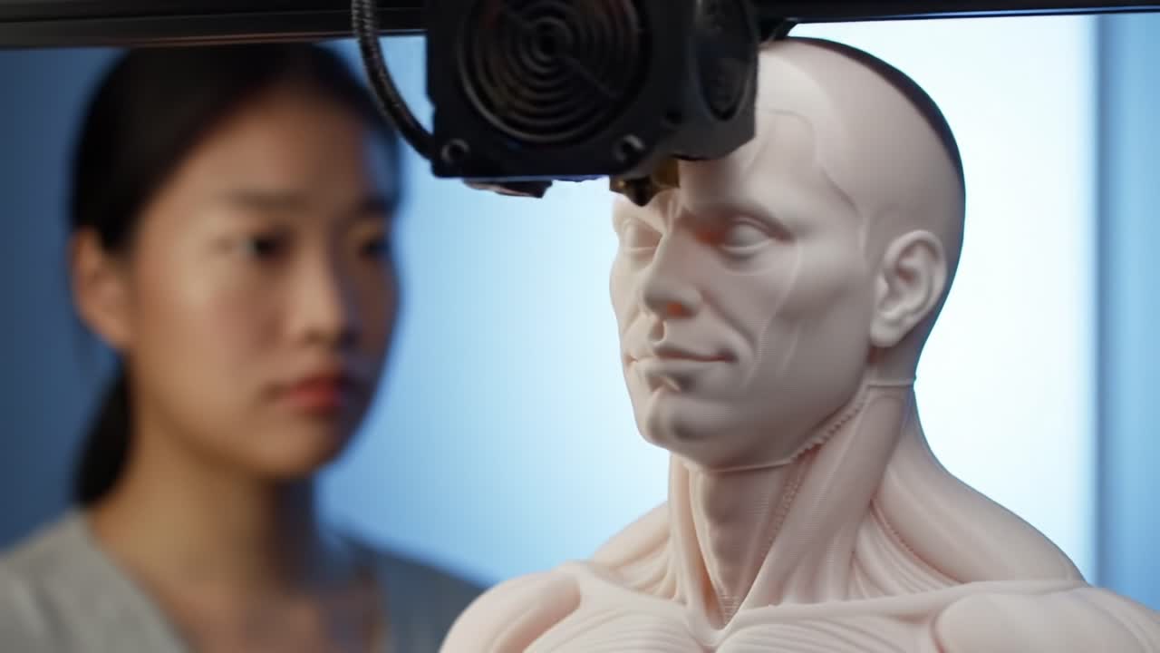 A close-up view of a 3D printer in action, producing a detailed human anatomical model, while a person observes the intricate process with keen interest