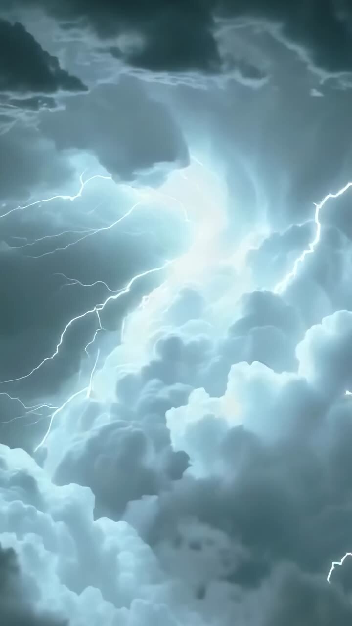 Video verticale: fulmine centrale che illumina i cumulonembi in un cielo tempestoso, rivelando strati