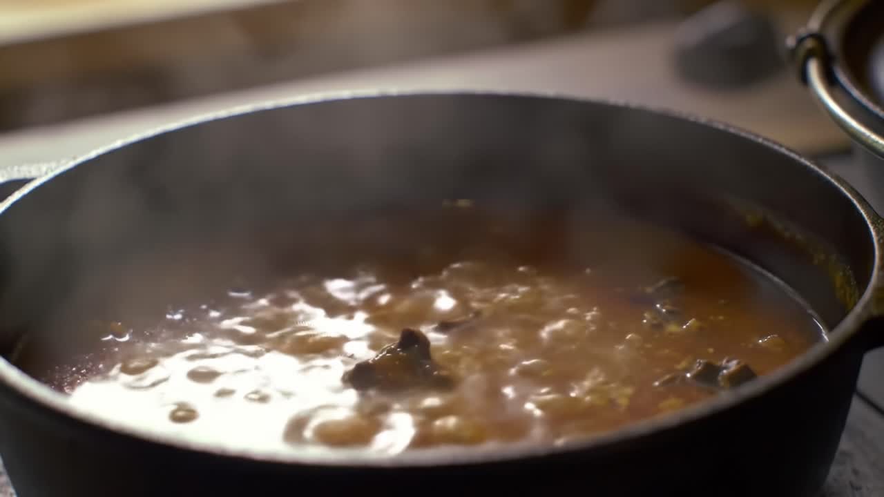 Hot Stew Cooking in a Cast Iron Pot