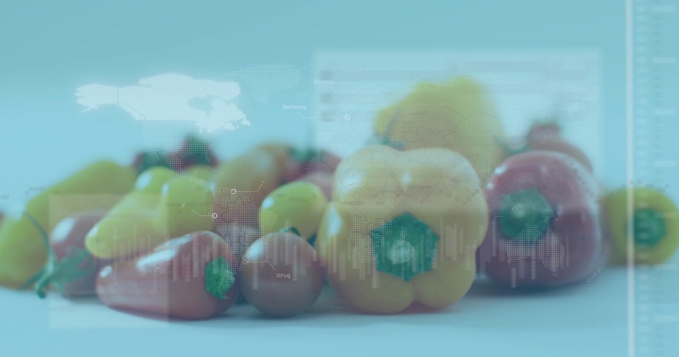 Pepper cluster sitting on white table, HUD panels appearing, sliding, focus sharpening for food ads