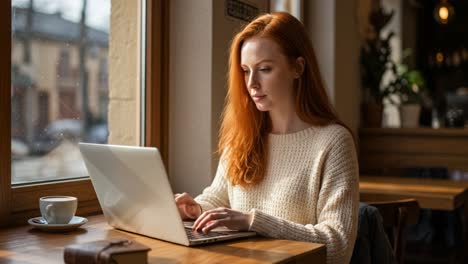 in a warm and inviting cafe, a young woman with long red hair focuses intently on her laptop. bathed in natural light from large windows, she sips coffee while sitting at a wooden table. the atmosphere is relaxed, with the soft presence of greenery and hints of bustling activity in the background. t
