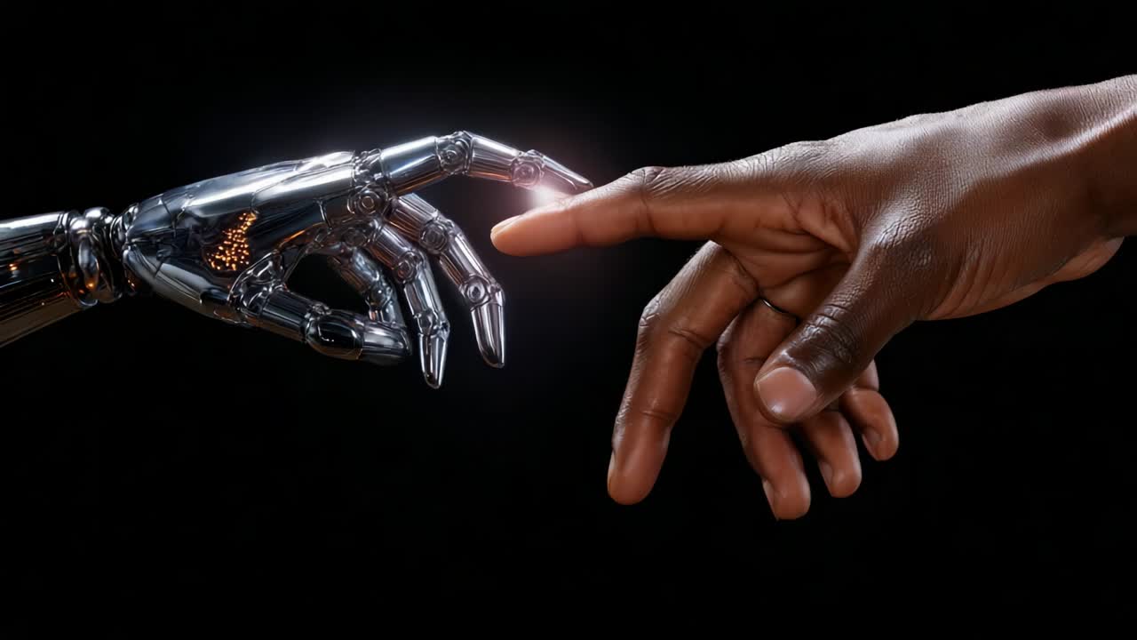 A Pivotal Moment of Connection Between Humanity and Technology Captured in a Mesmerizing Scene, Featuring the Proximity of a Robotic Hand and a Human Hand About to Touch with an Ethereal Glow Emanating From Their Points of Contact
