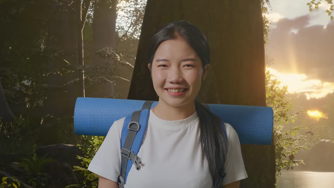 해가 뜨면 숲에서 산책하는 여자