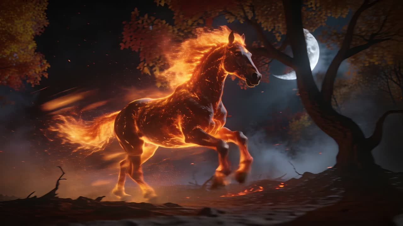 Lifting leg, flaming horse trotting across clearing at night under crescent moon, trailing embers