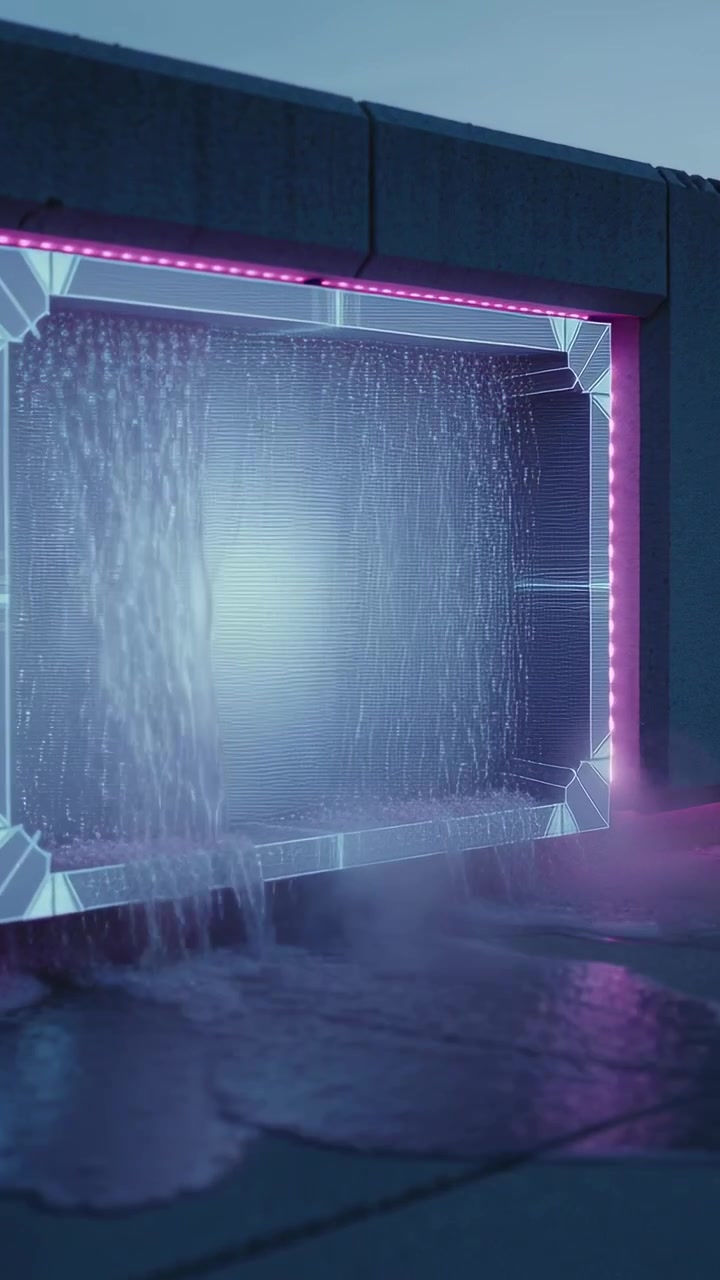 Video verticale: Avvio della pompa, cornice incassata che versa una cortina d'acqua su una terrazza, nebulizzazione LED magenta