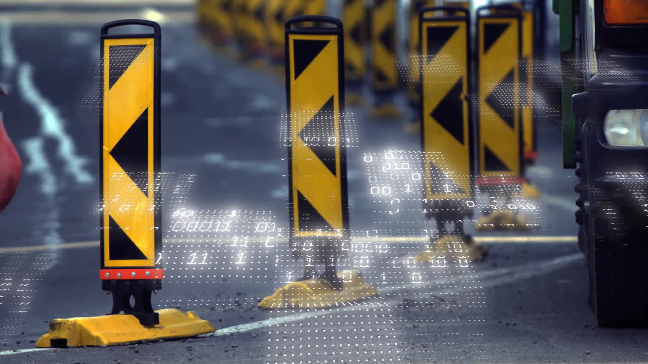 Traffic barriers with digital data animation overlay on urban road