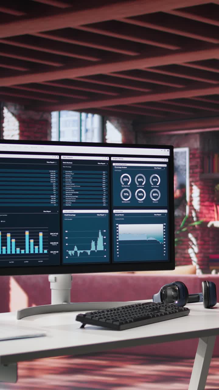 Vertical Video Modern home office with desktop PC monitor displaying business analytics
