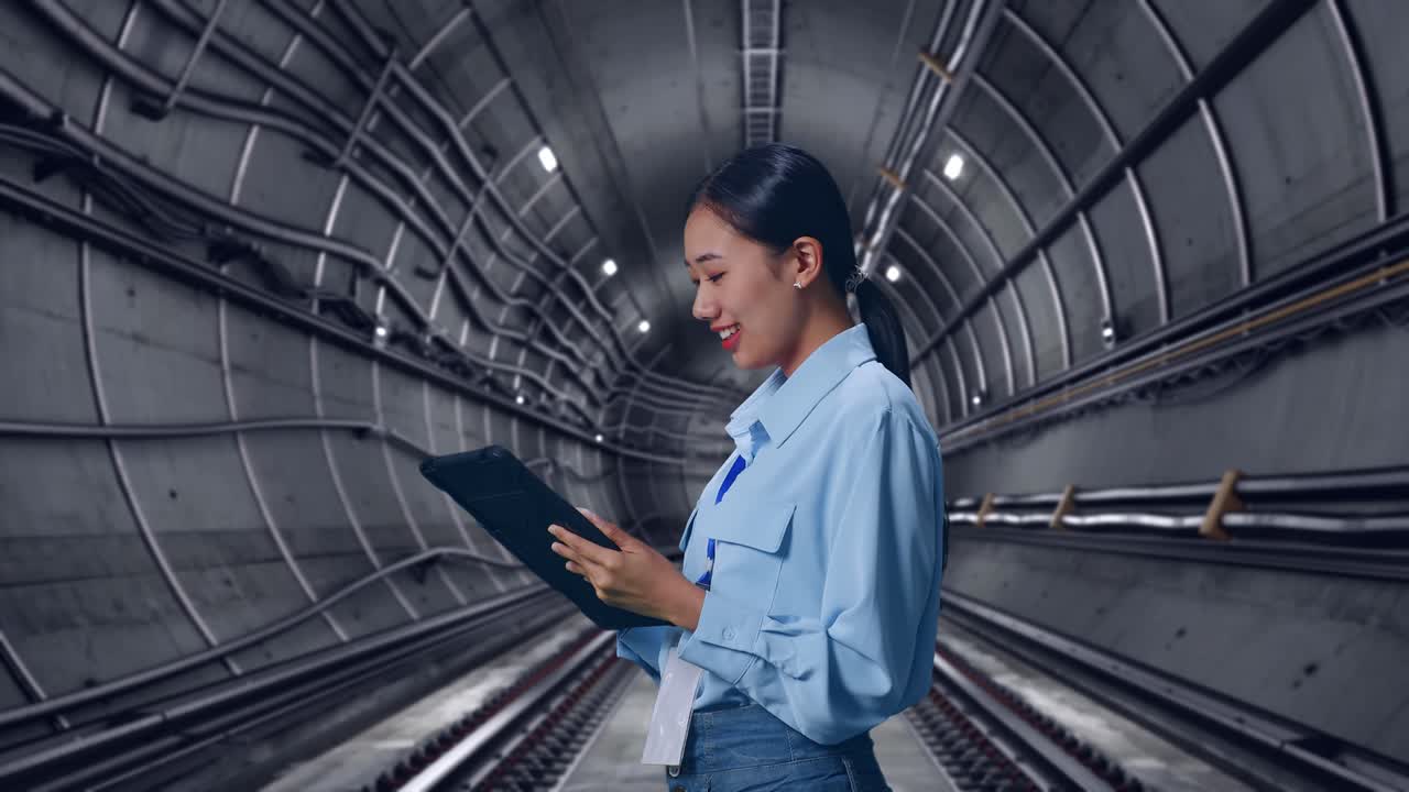 Side View Of Asian Female With Her Tablet In Underground Subway Tunnel, Checking On Her Tablet With Meditation