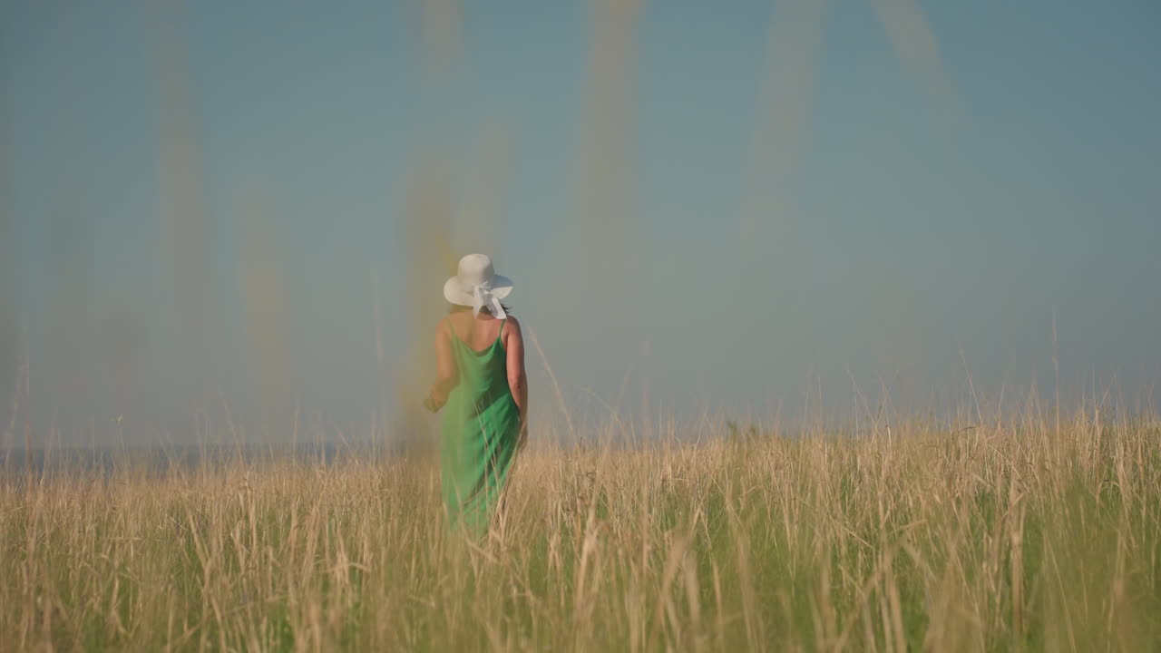 Elegant woman in green dress and wide white hat strolling through golden grassy field under clear blue sky, back turned, serene summer atmosphere with soft light and open natural landscape