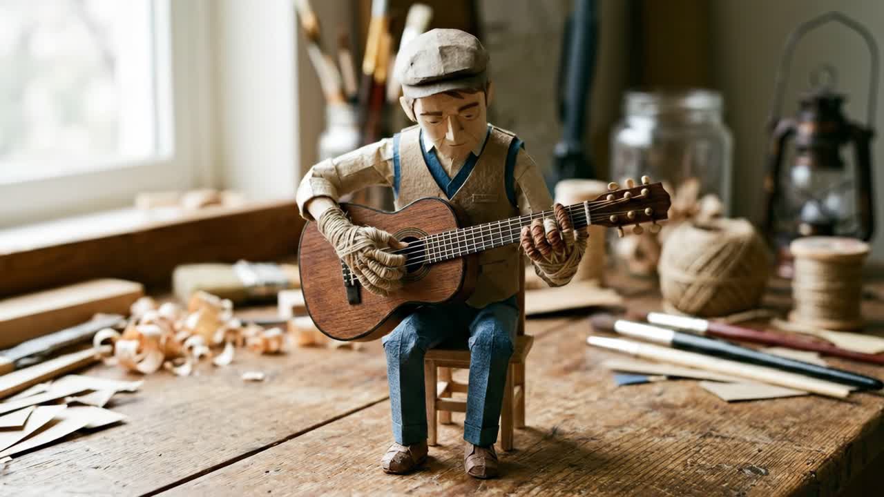 Animazione stop-motion dettagliata di una marionetta che suona la chitarra