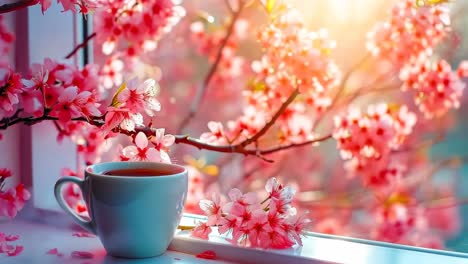 a cup of tea sitting on a window sill next to a flowering tree