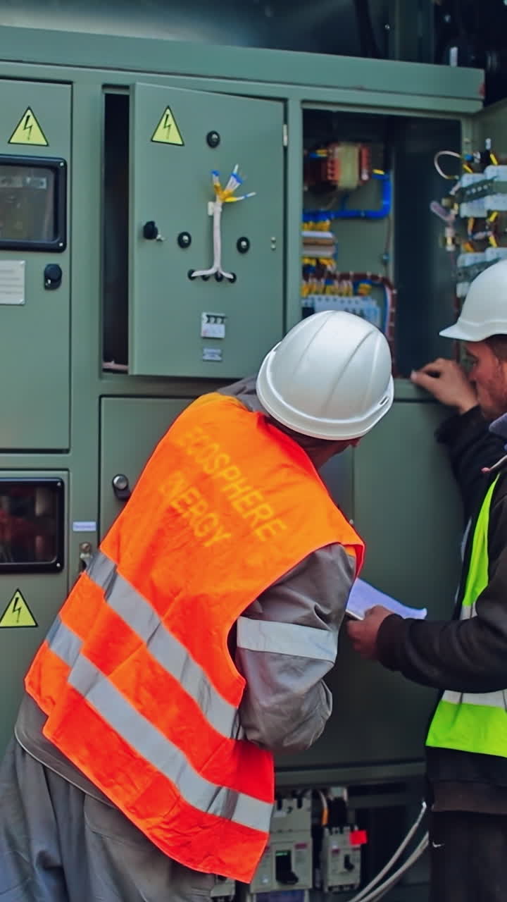 Solar panels transformator. Electrical engineers repairing electricity box at solar power plant