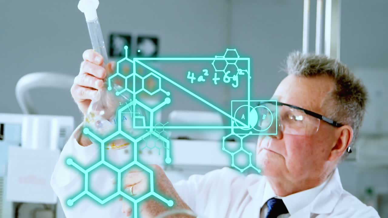 animación de ecuaciones matemáticas sobre un médico caucásico con un frasco