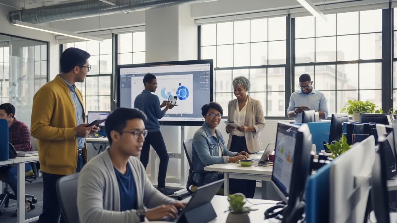 Collaborative Workspace Featuring Diverse Professionals Engaged in Technology and Creativity, Showcasing Modern Office Dynamics and Team Interaction