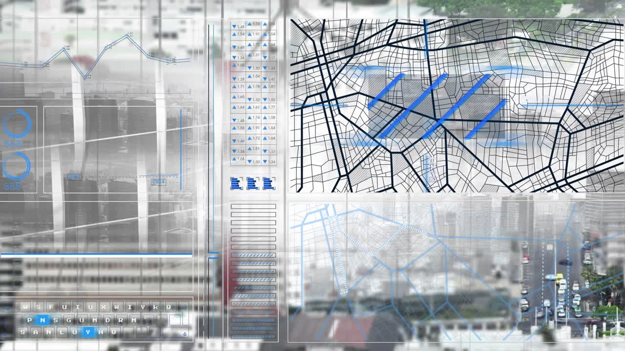 Animation of data processing over cityscape