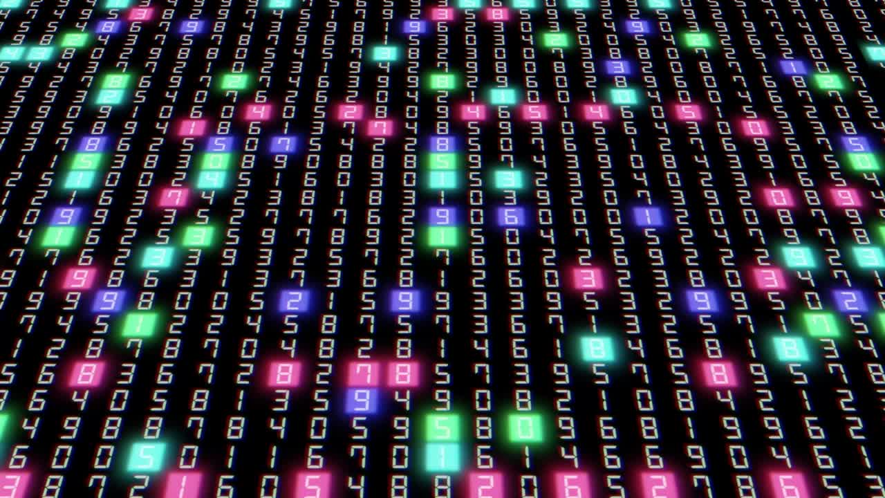 hexadecimale big data digitale code met willekeurig neon veelkleurig licht. zwarte achtergrond. gegevensverwerking. toekomstige technologie. netwerkverbinding. 4k