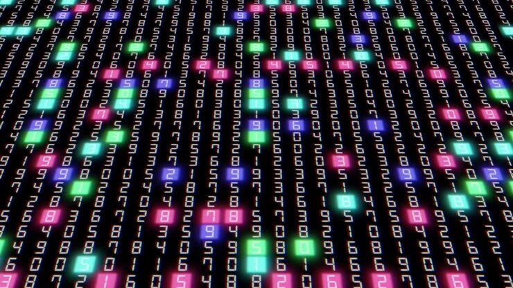 Codice Digitale Esadecimale Big Data con Luce Neon Multicolore Casuale. Sfondo Nero. Elaborazione Dati. Tecnologia Futura. Connessione di Rete. 4K