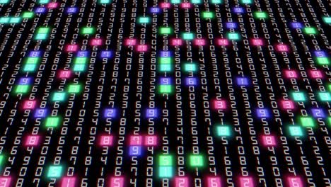 hexadecimal big data digital code with random neon multicolored light. black background. data processing. future technology. network connection. 4k