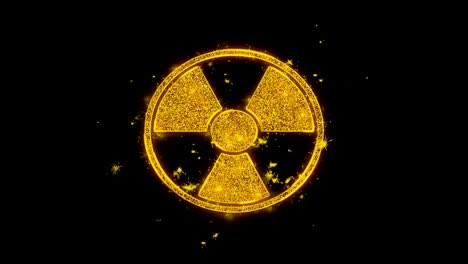 el icono de precaución nuclear de radiación hace chispas de partículas sobre un fondo negro.