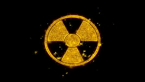 radiation nuclear caution icon sparks particles on black background.