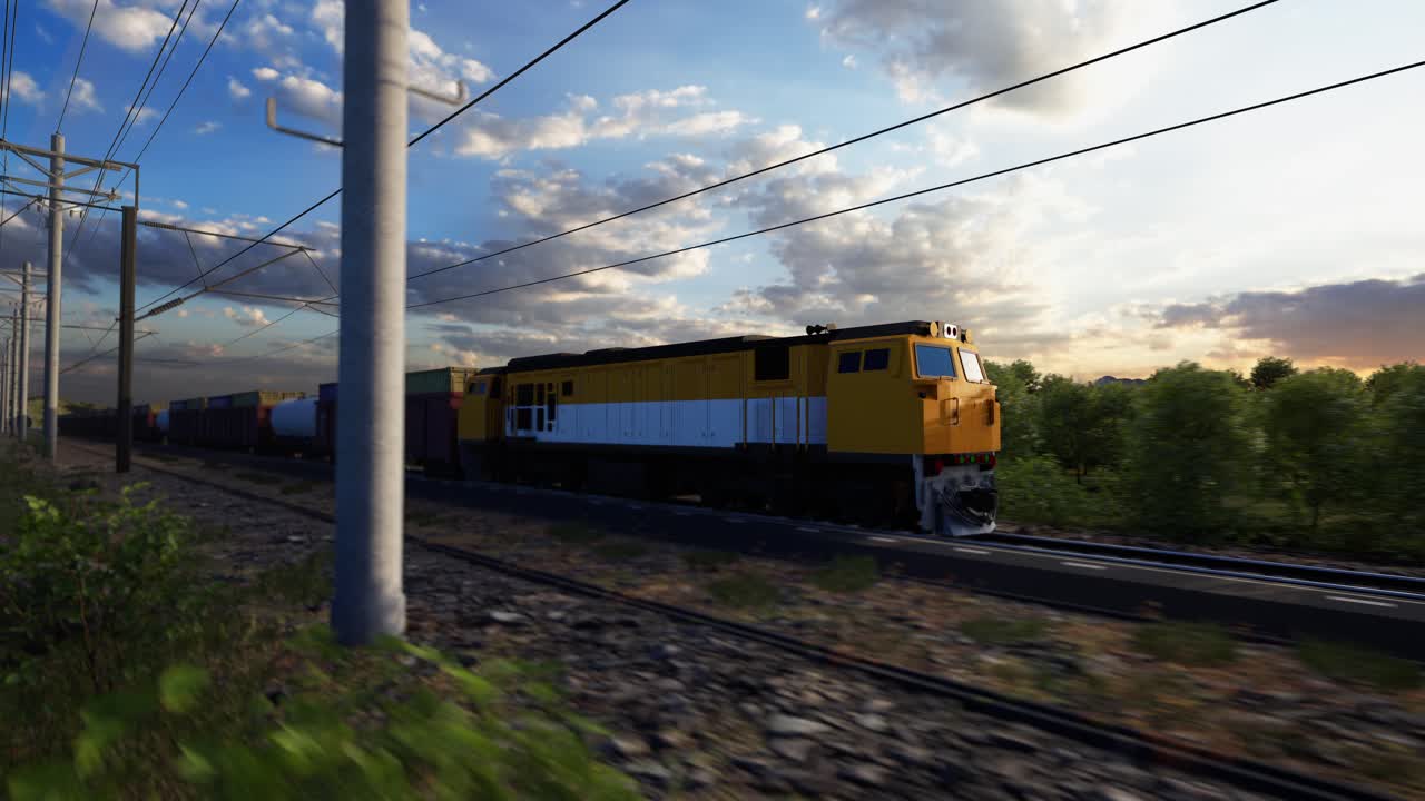 A Freight Train Hauls Shipping Containers Through The Landscape, Sunset And Blue Sky