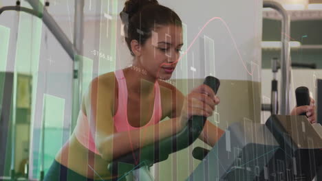 animation of financial data processing over biracial woman exercising in gym