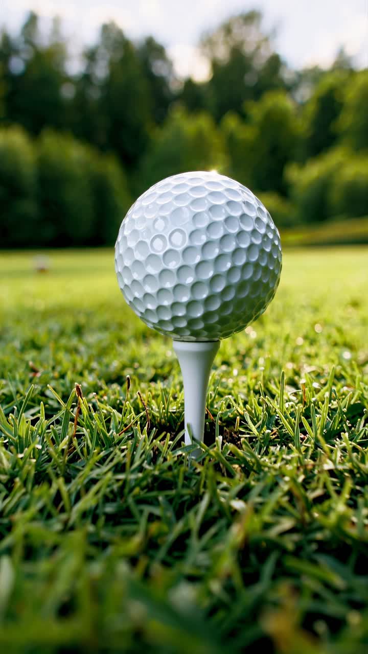 Foto dal basso di una pallina da golf su un tee, circondata da una vegetazione lussureggiante, che cattura la serenità di un campo da golf