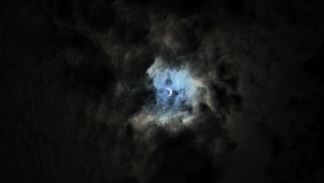 wide handheld shot of an almost total solar eclipse behind a dark and overcast sky on a summer day in utah of 2023