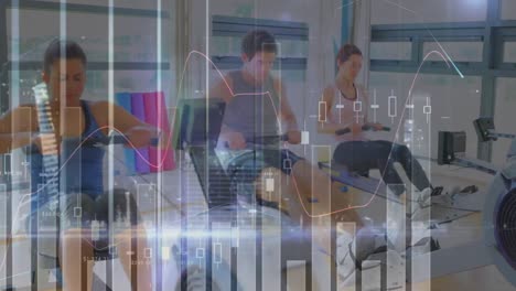 animación de la red de conexiones y procesamiento de datos sobre un grupo de personas en forma que hacen ejercicio en el gimnasio